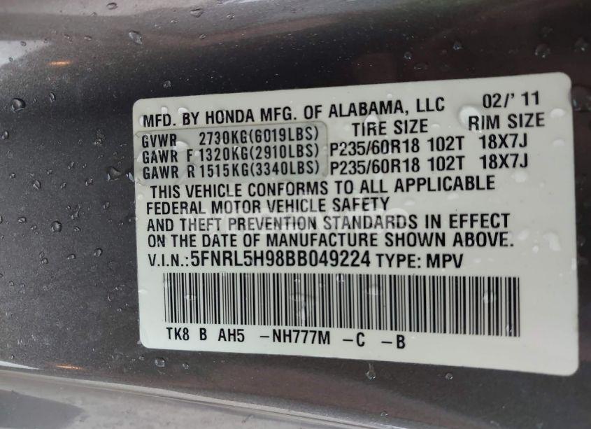Photo 9 of 2011 Honda Odyssey TOURING/TOURING ELITE (VIN 5FNRL5H98BB049224)