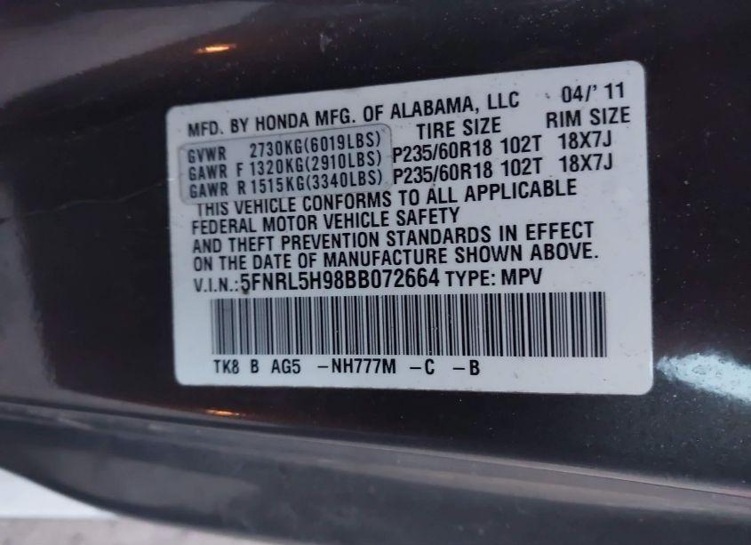 Photo 9 of 2011 Honda Odyssey TOURING/TOURING ELITE (VIN 5FNRL5H98BB072664)
