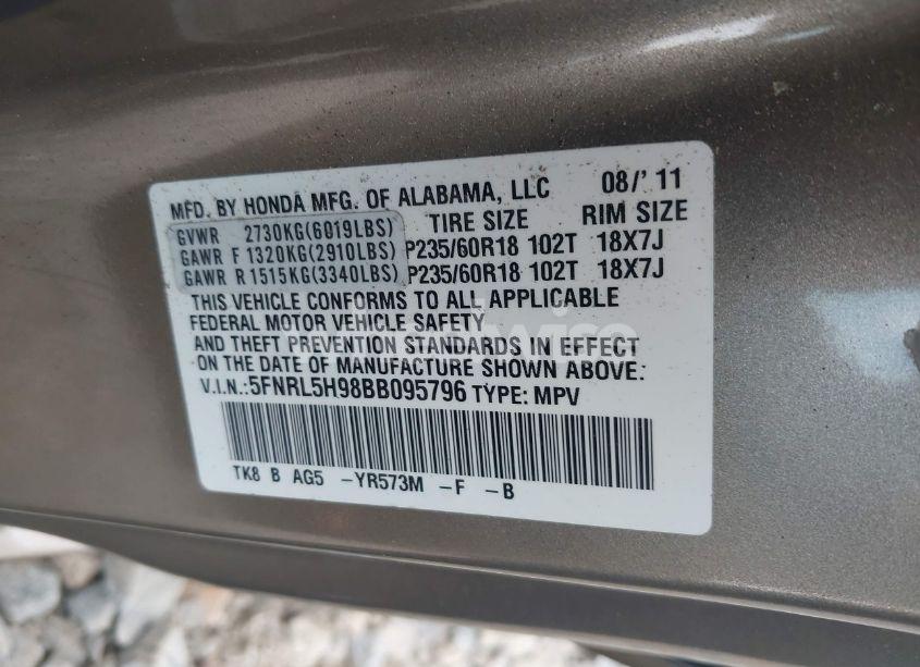 Photo 9 of 2011 Honda Odyssey TOURING/TOURING ELITE (VIN 5FNRL5H98BB095796)