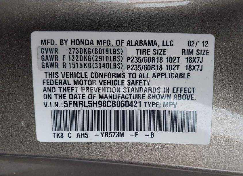 Photo 9 of 2012 Honda Odyssey TOURING/TOURING ELITE (VIN 5FNRL5H98CB060421)