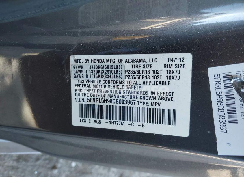 Photo 9 of 2012 Honda Odyssey TOURING/TOURING ELITE (VIN 5FNRL5H98CB093967)