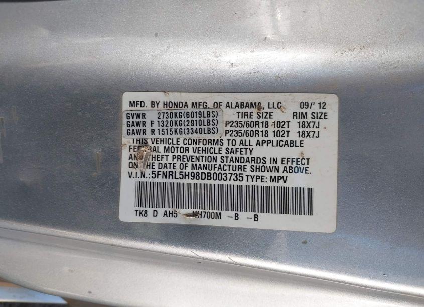 Photo 9 of 2013 Honda Odyssey TOURING/TOURING ELITE (VIN 5FNRL5H98DB003735)