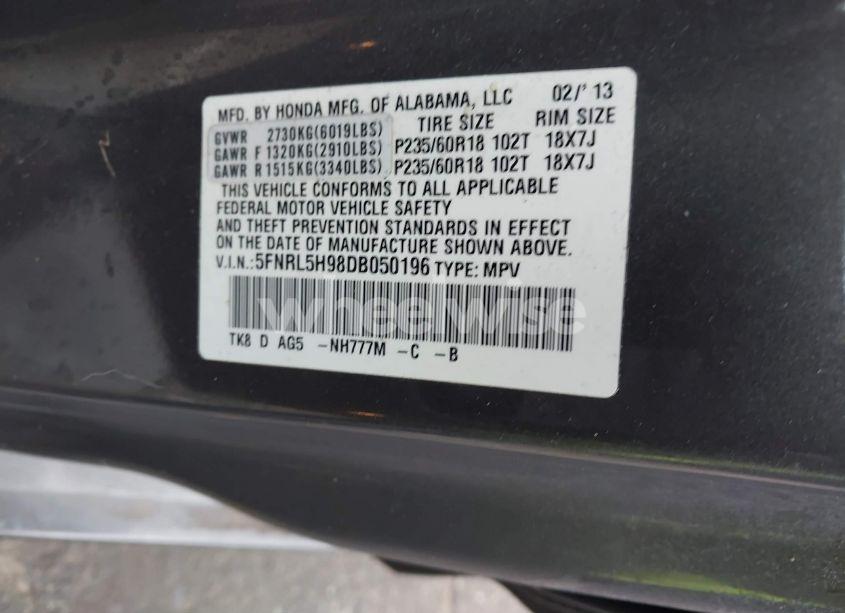 Photo 9 of 2013 Honda Odyssey TOURING/TOURING ELITE (VIN 5FNRL5H98DB050196)