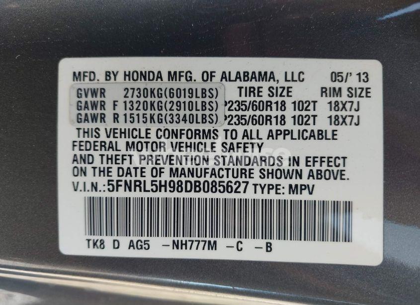 Photo 9 of 2013 Honda Odyssey TOURING/TOURING ELITE (VIN 5FNRL5H98DB085627)