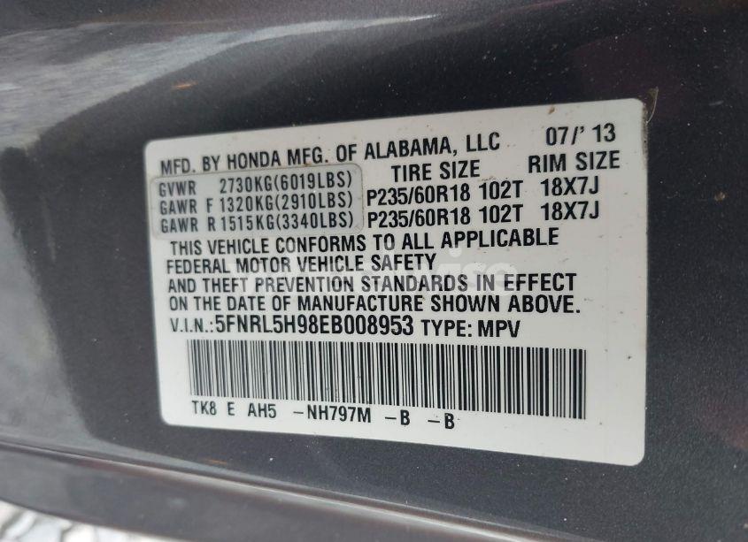 Photo 9 of 2014 Honda Odyssey TOURING/TOURING ELITE (VIN 5FNRL5H98EB008953)