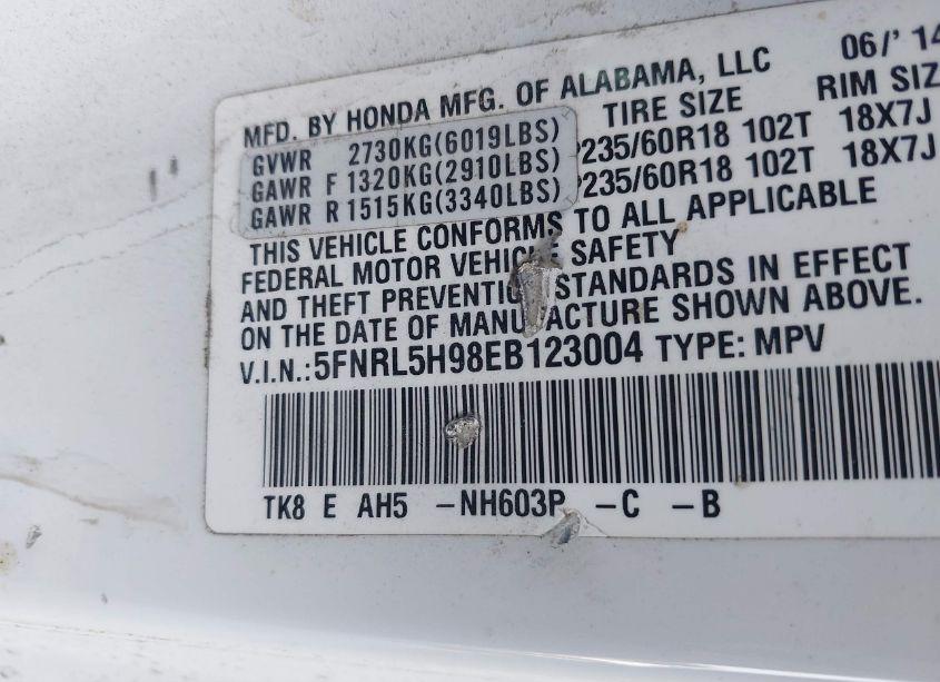 Photo 9 of 2014 Honda Odyssey TOURING/TOURING ELITE (VIN 5FNRL5H98EB123004)