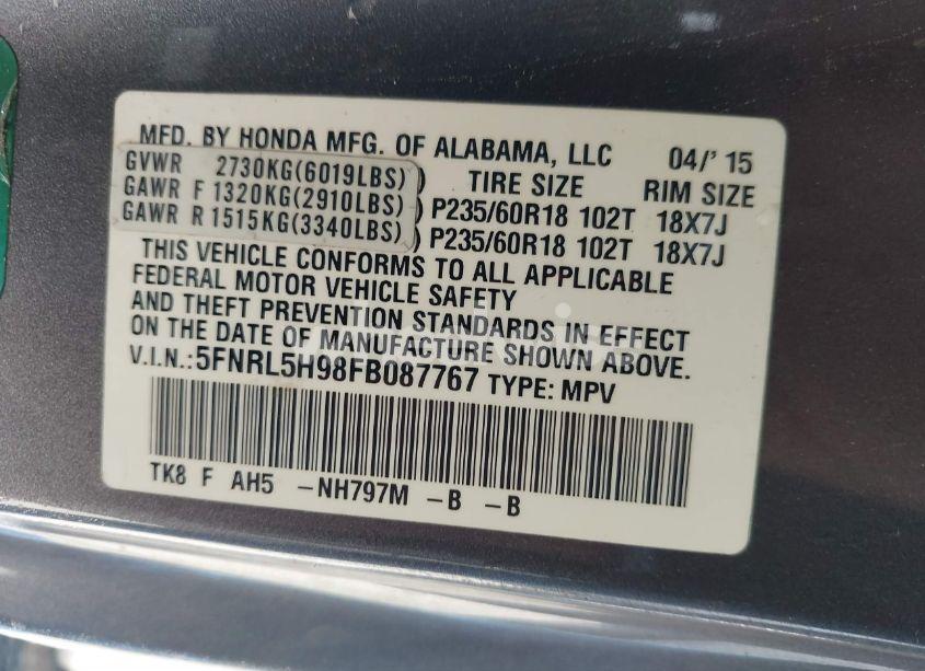 Photo 9 of 2015 Honda Odyssey TOURING/TOURING ELITE (VIN 5FNRL5H98FB087767)