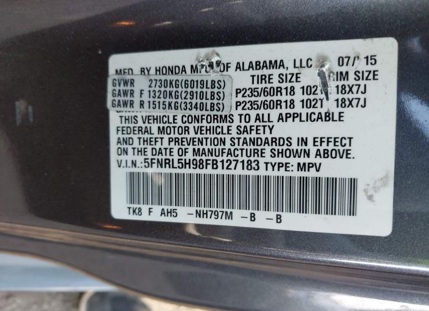 Photo 9 of 2015 Honda Odyssey TOURING/TOURING ELITE (VIN 5FNRL5H98FB127183)