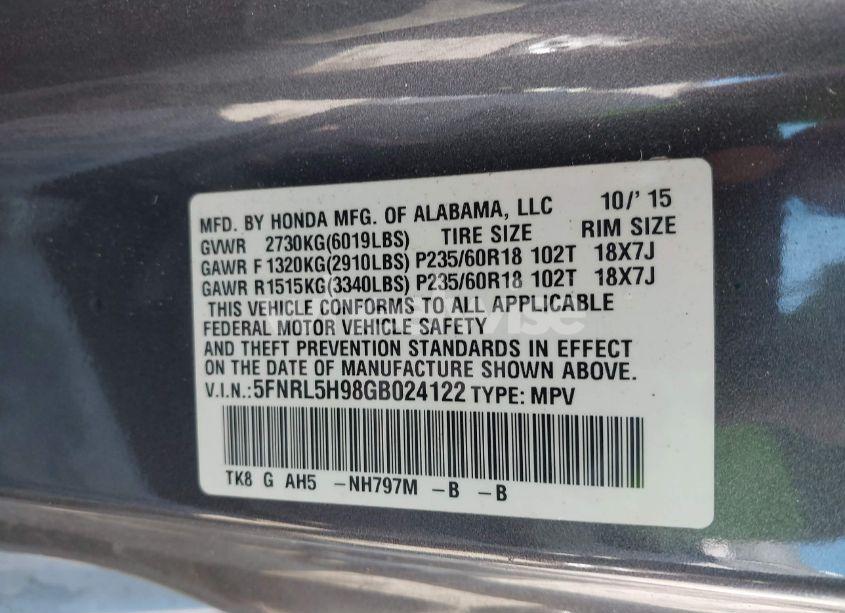 Photo 9 of 2016 Honda Odyssey TOURING/TOURING ELITE (VIN 5FNRL5H98GB024122)