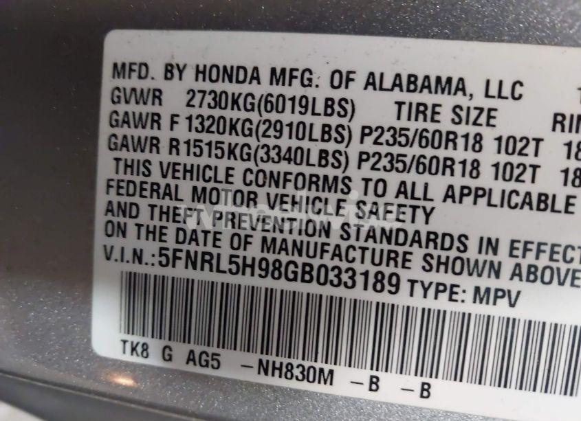 Photo 9 of 2016 Honda Odyssey TOURING/TOURING ELITE (VIN 5FNRL5H98GB033189)