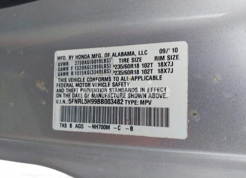 Photo 9 of 2011 Honda Odyssey TOURING/TOURING ELITE (VIN 5FNRL5H99BB003482)
