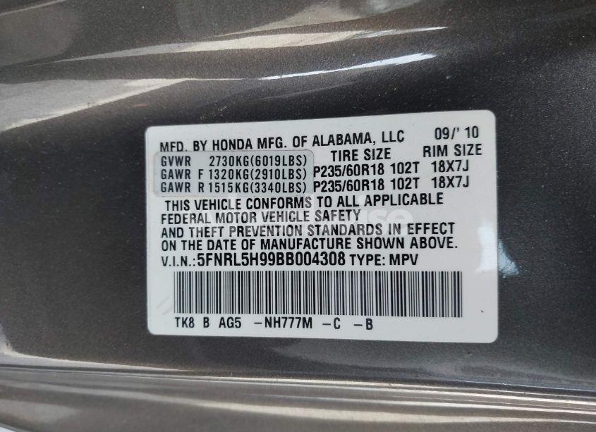 Photo 9 of 2011 Honda Odyssey TOURING/TOURING ELITE (VIN 5FNRL5H99BB004308)