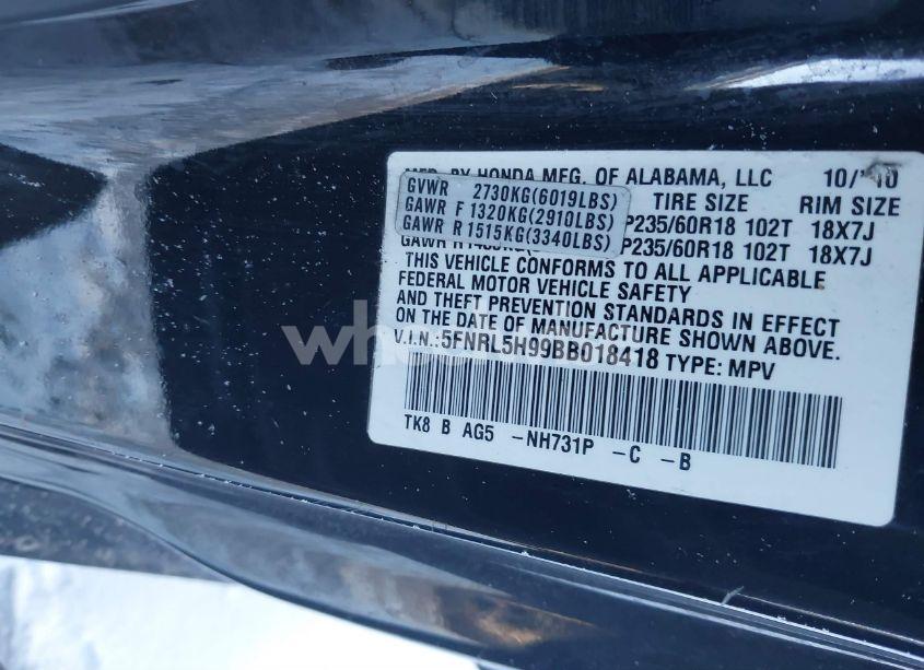 Photo 9 of 2011 Honda Odyssey TOURING/TOURING ELITE (VIN 5FNRL5H99BB018418)