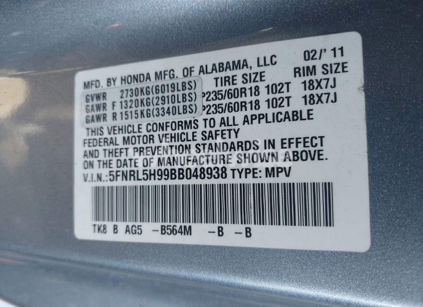 Photo 9 of 2011 Honda Odyssey TOURING/TOURING ELITE (VIN 5FNRL5H99BB048938)