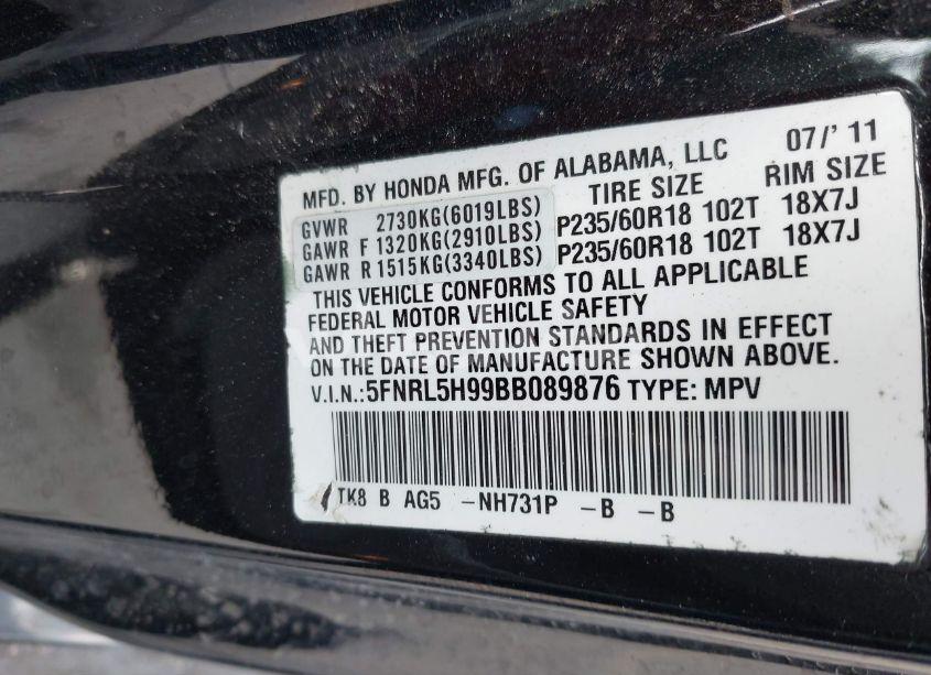 Photo 9 of 2011 Honda Odyssey TOURING/TOURING ELITE (VIN 5FNRL5H99BB089876)