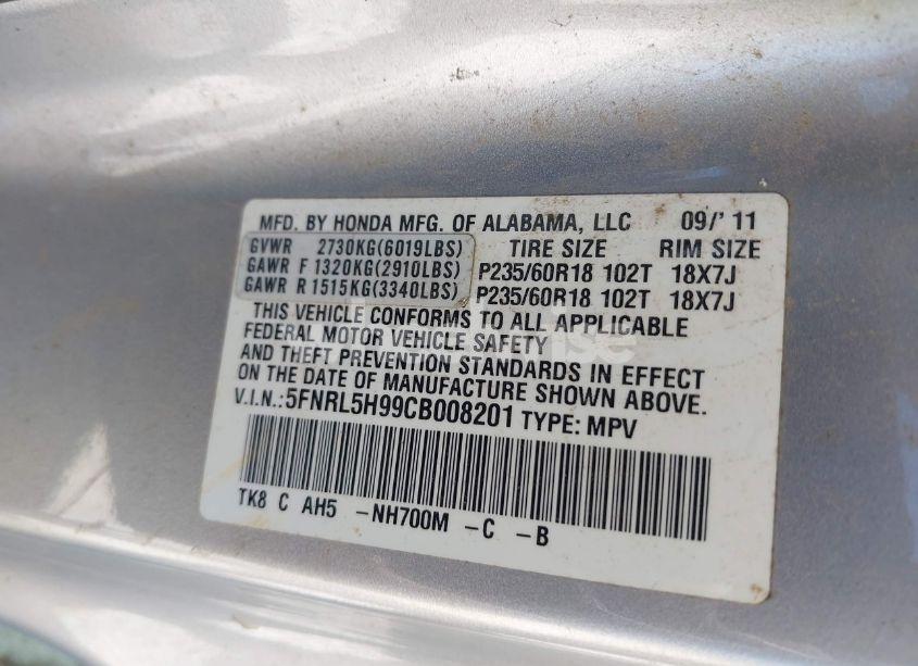 Photo 9 of 2012 Honda Odyssey TOURING/TOURING ELITE (VIN 5FNRL5H99CB008201)