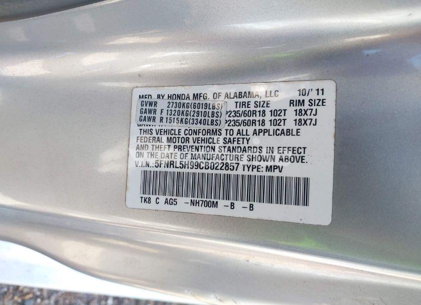 Photo 9 of 2012 Honda Odyssey TOURING/TOURING ELITE (VIN 5FNRL5H99CB022857)