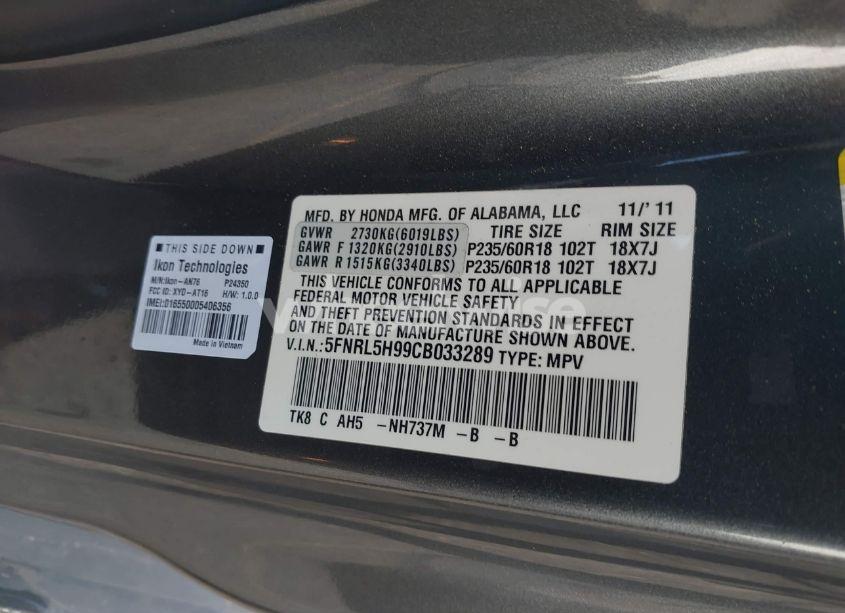 Photo 9 of 2012 Honda Odyssey TOURING/TOURING ELITE (VIN 5FNRL5H99CB033289)