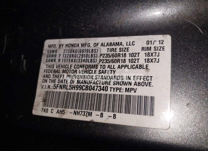 Photo 9 of 2012 Honda Odyssey TOURING/TOURING ELITE (VIN 5FNRL5H99CB047340)