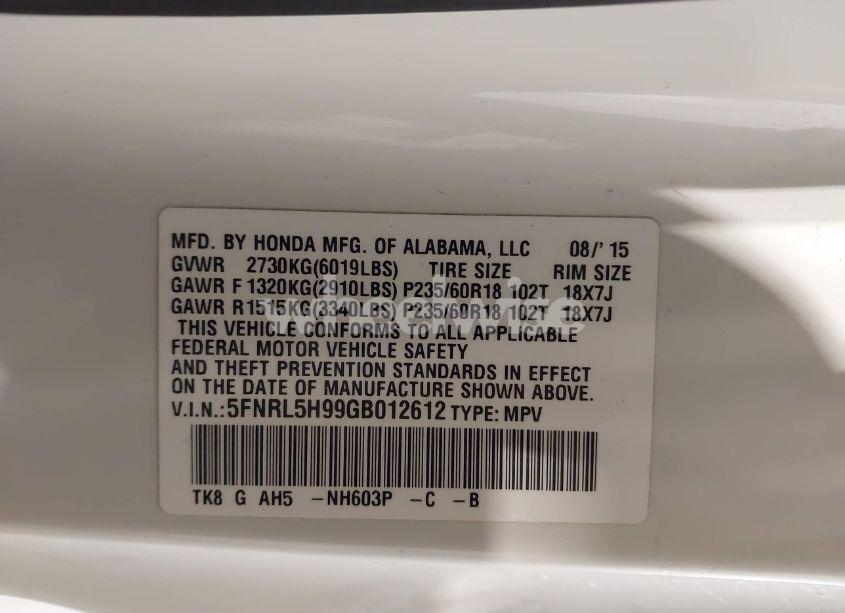 Photo 9 of 2016 Honda Odyssey TOURING/TOURING ELITE (VIN 5FNRL5H99GB012612)