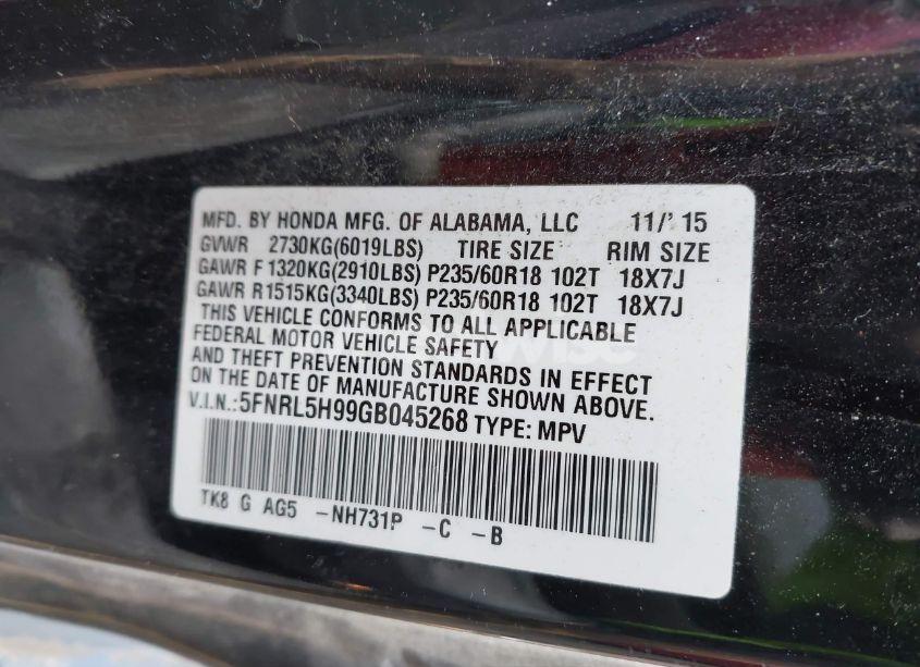 Photo 9 of 2016 Honda Odyssey TOURING/TOURING ELITE (VIN 5FNRL5H99GB045268)