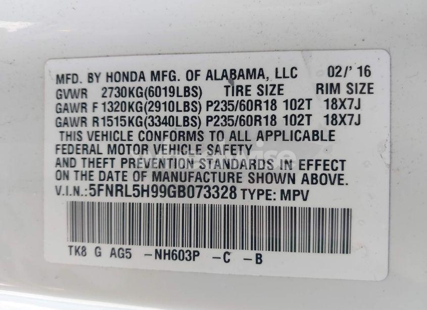 Photo 9 of 2016 Honda Odyssey TOURING/TOURING ELITE (VIN 5FNRL5H99GB073328)