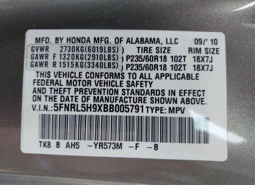 Photo 9 of 2011 Honda Odyssey TOURING/TOURING ELITE (VIN 5FNRL5H9XBB005791)