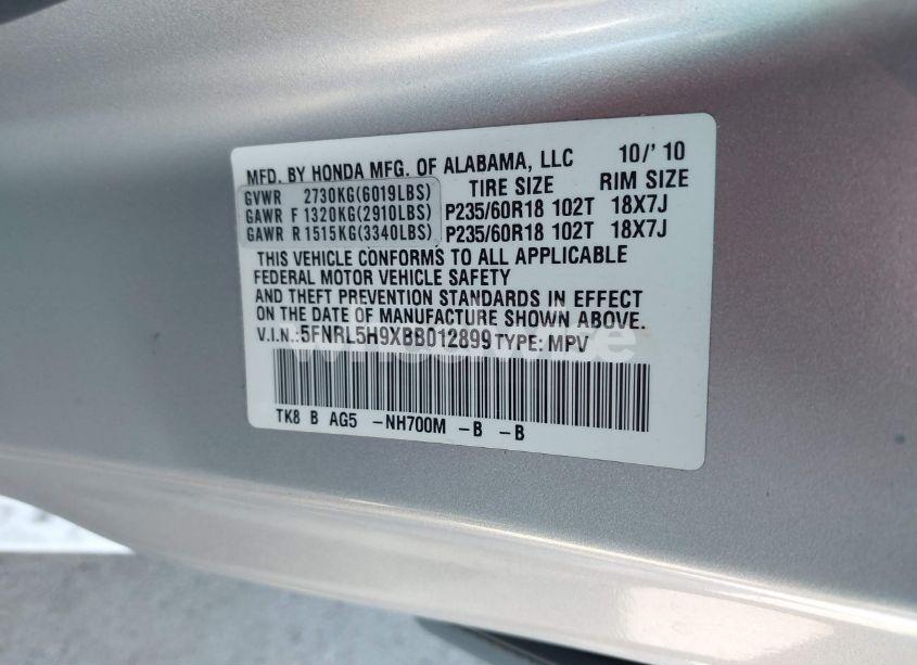 Photo 9 of 2011 Honda Odyssey TOURING/TOURING ELITE (VIN 5FNRL5H9XBB012899)