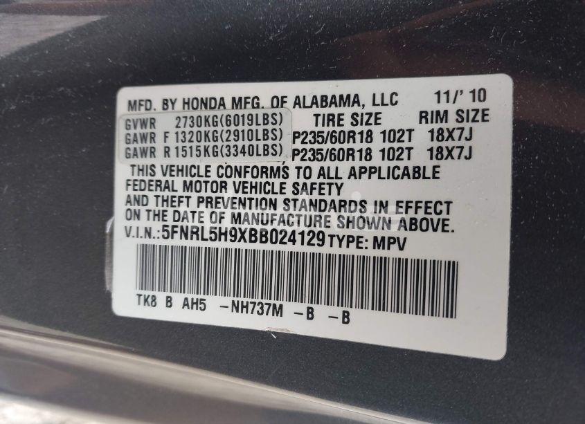 Photo 9 of 2011 Honda Odyssey TOURING/TOURING ELITE (VIN 5FNRL5H9XBB024129)