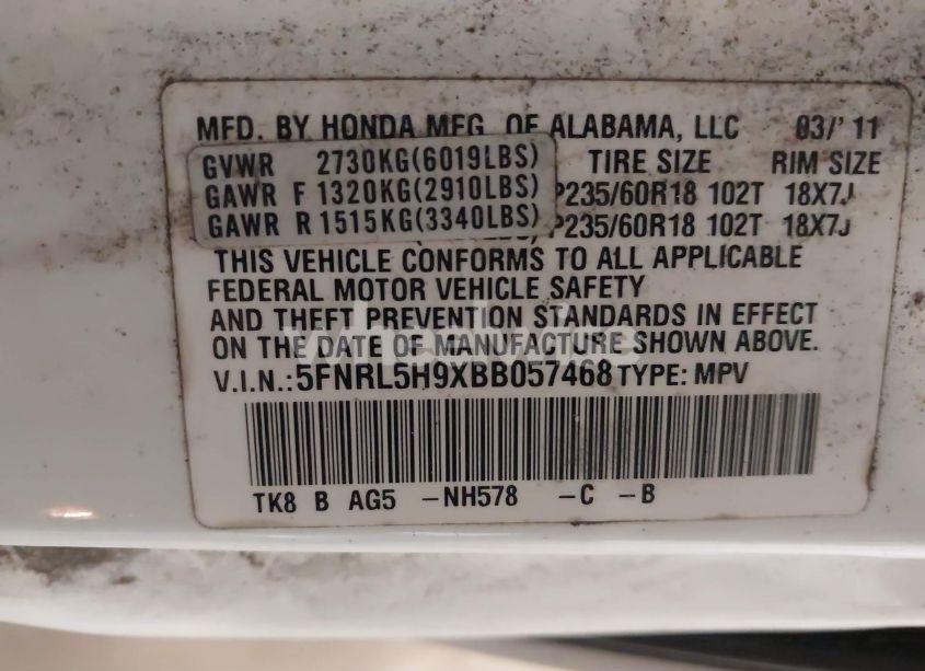 Photo 9 of 2011 Honda Odyssey TOURING/TOURING ELITE (VIN 5FNRL5H9XBB057468)