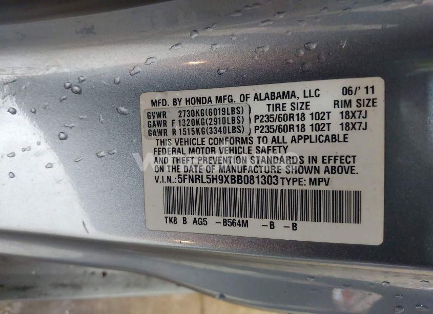 Photo 9 of 2011 Honda Odyssey TOURING/TOURING ELITE (VIN 5FNRL5H9XBB081303)