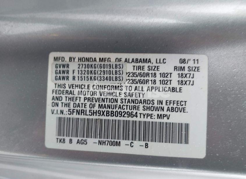 Photo 9 of 2011 Honda Odyssey TOURING/TOURING ELITE (VIN 5FNRL5H9XBB092964)