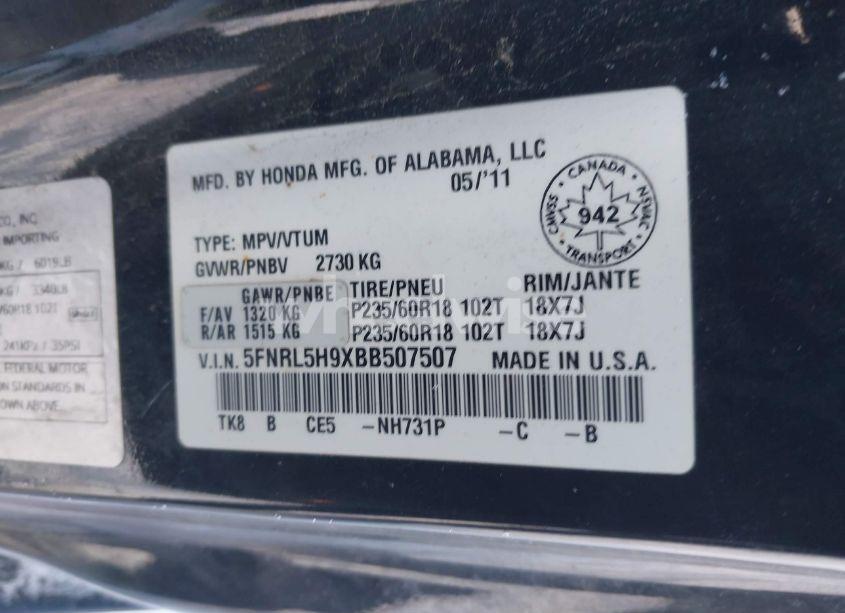 Photo 9 of 2011 Honda Odyssey TOURING/TOURING ELITE (VIN 5FNRL5H9XBB507507)