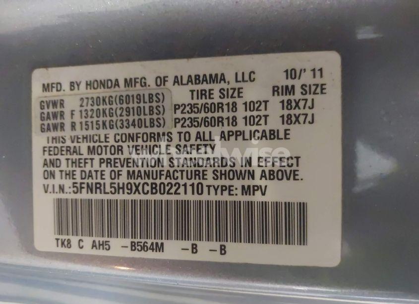 Photo 9 of 2012 Honda Odyssey TOURING/TOURING ELITE (VIN 5FNRL5H9XCB022110)