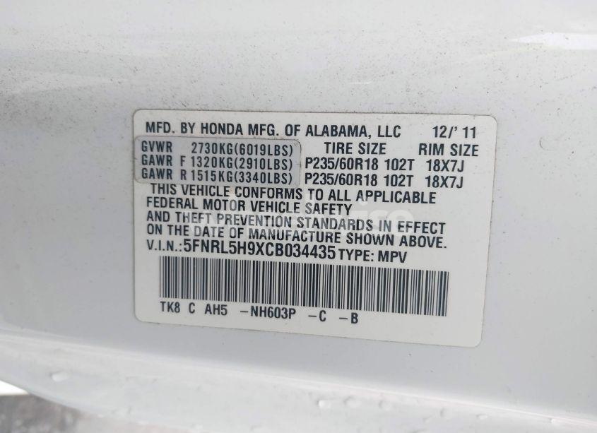 Photo 9 of 2012 Honda Odyssey TOURING/TOURING ELITE (VIN 5FNRL5H9XCB034435)