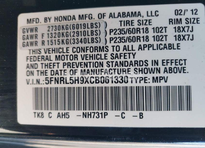 Photo 9 of 2012 Honda Odyssey TOURING/TOURING ELITE (VIN 5FNRL5H9XCB061330)