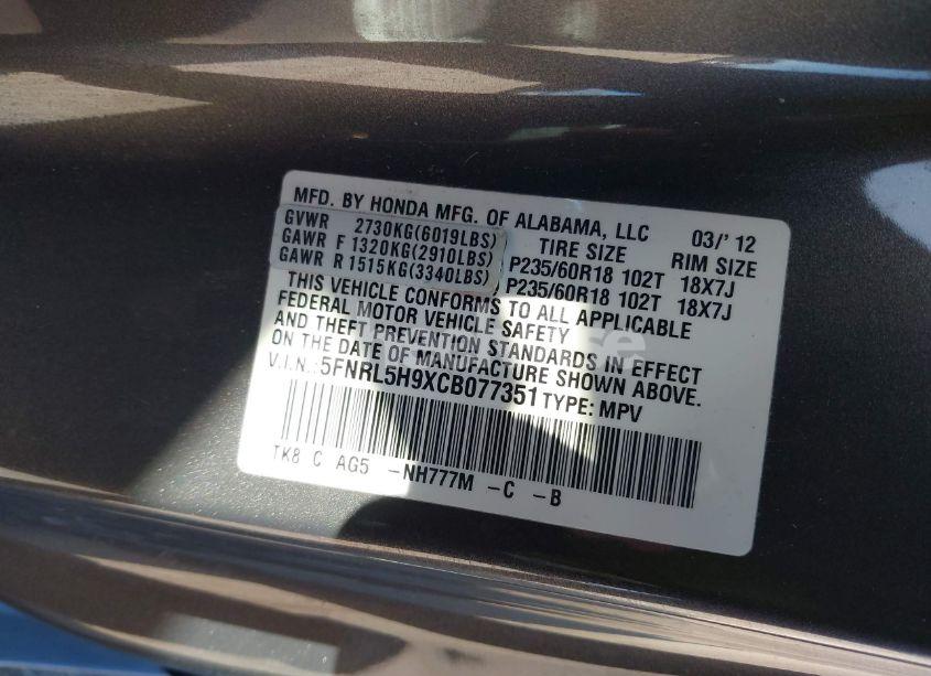 Photo 9 of 2012 Honda Odyssey TOURING/TOURING ELITE (VIN 5FNRL5H9XCB077351)