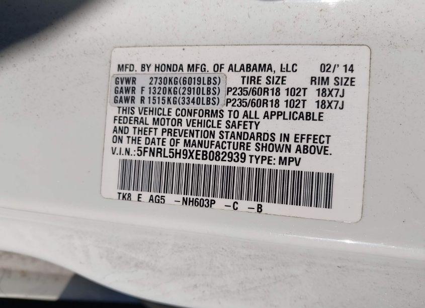 Photo 9 of 2014 Honda Odyssey TOURING/TOURING ELITE (VIN 5FNRL5H9XEB082939)