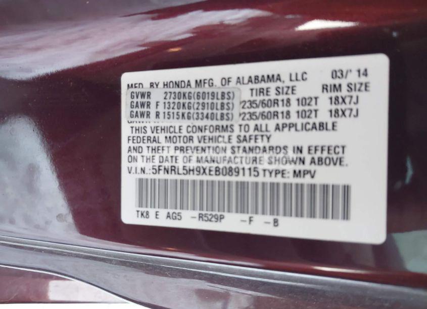 Photo 9 of 2014 Honda Odyssey TOURING/TOURING ELITE (VIN 5FNRL5H9XEB089115)