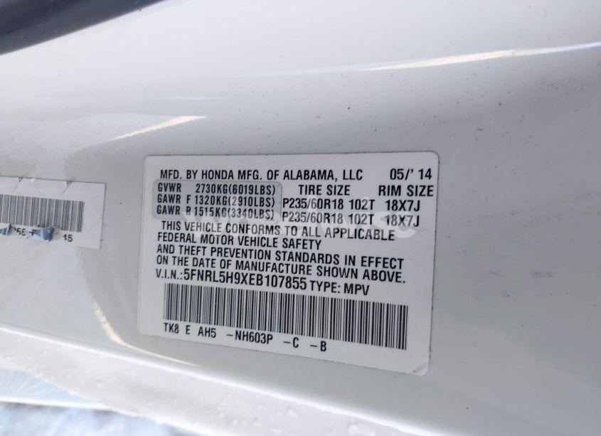 Photo 9 of 2014 Honda Odyssey TOURING/TOURING ELITE (VIN 5FNRL5H9XEB107855)