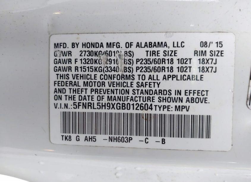 Photo 9 of 2016 Honda Odyssey TOURING/TOURING ELITE (VIN 5FNRL5H9XGB012604)