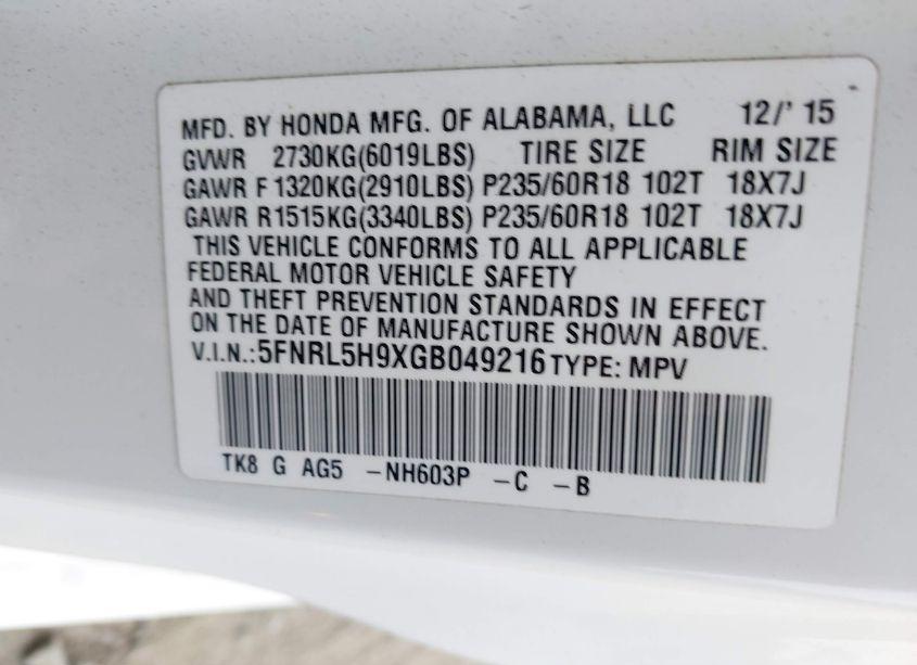 Photo 9 of 2016 Honda Odyssey TOURING/TOURING ELITE (VIN 5FNRL5H9XGB049216)