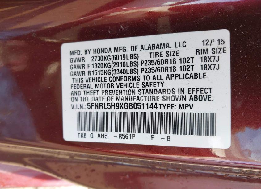 Photo 9 of 2016 Honda Odyssey TOURING/TOURING ELITE (VIN 5FNRL5H9XGB051144)