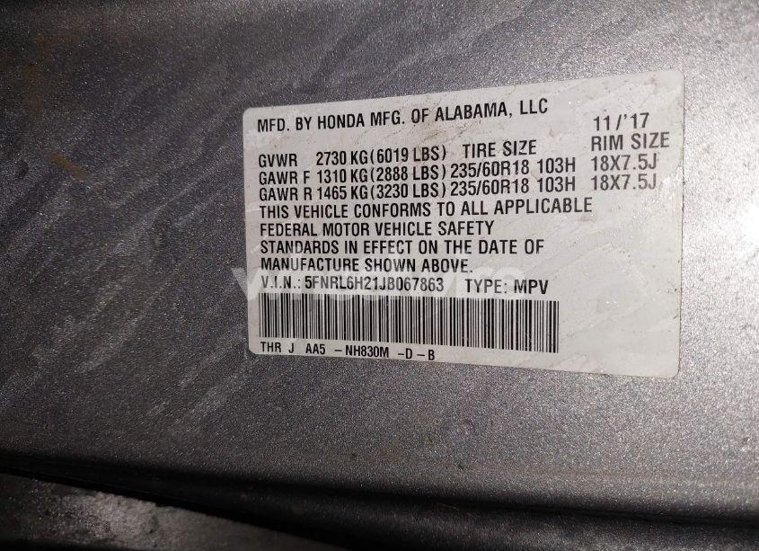 Photo 9 of 2018 Honda Odyssey LX (VIN 5FNRL6H21JB067863)