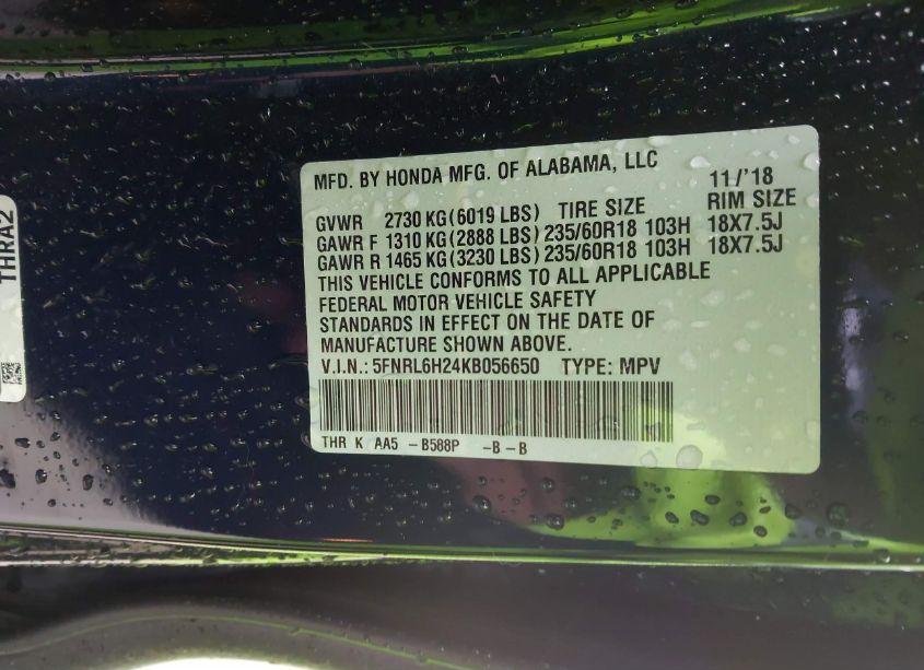 Photo 9 of 2019 Honda Odyssey LX (VIN 5FNRL6H24KB056650)