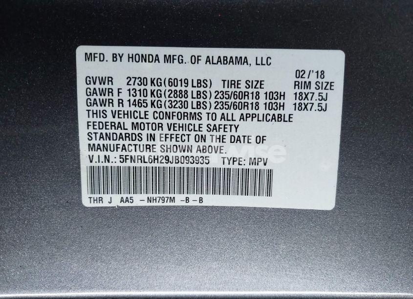 Photo 9 of 2018 Honda Odyssey LX (VIN 5FNRL6H29JB093935)