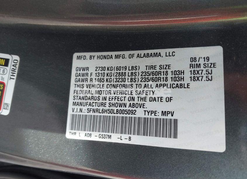 Photo 9 of 2020 Honda Odyssey EX (VIN 5FNRL6H50LB005092)