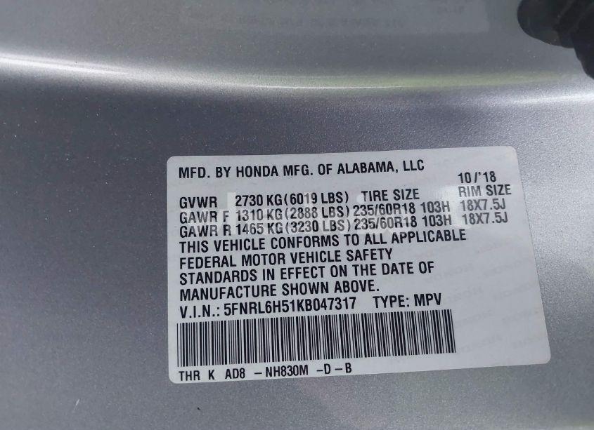 Photo 9 of 2019 Honda Odyssey EX (VIN 5FNRL6H51KB047317)