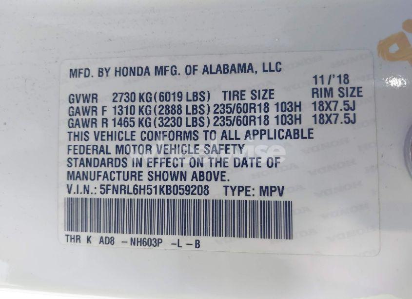 Photo 9 of 2019 Honda Odyssey EX (VIN 5FNRL6H51KB059208)