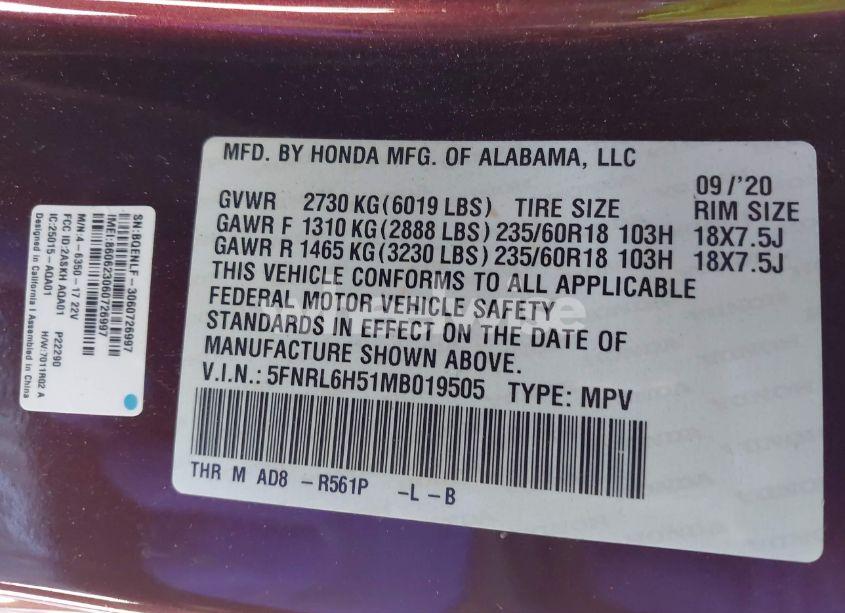 Photo 9 of 2021 Honda Odyssey EX (VIN 5FNRL6H51MB019505)